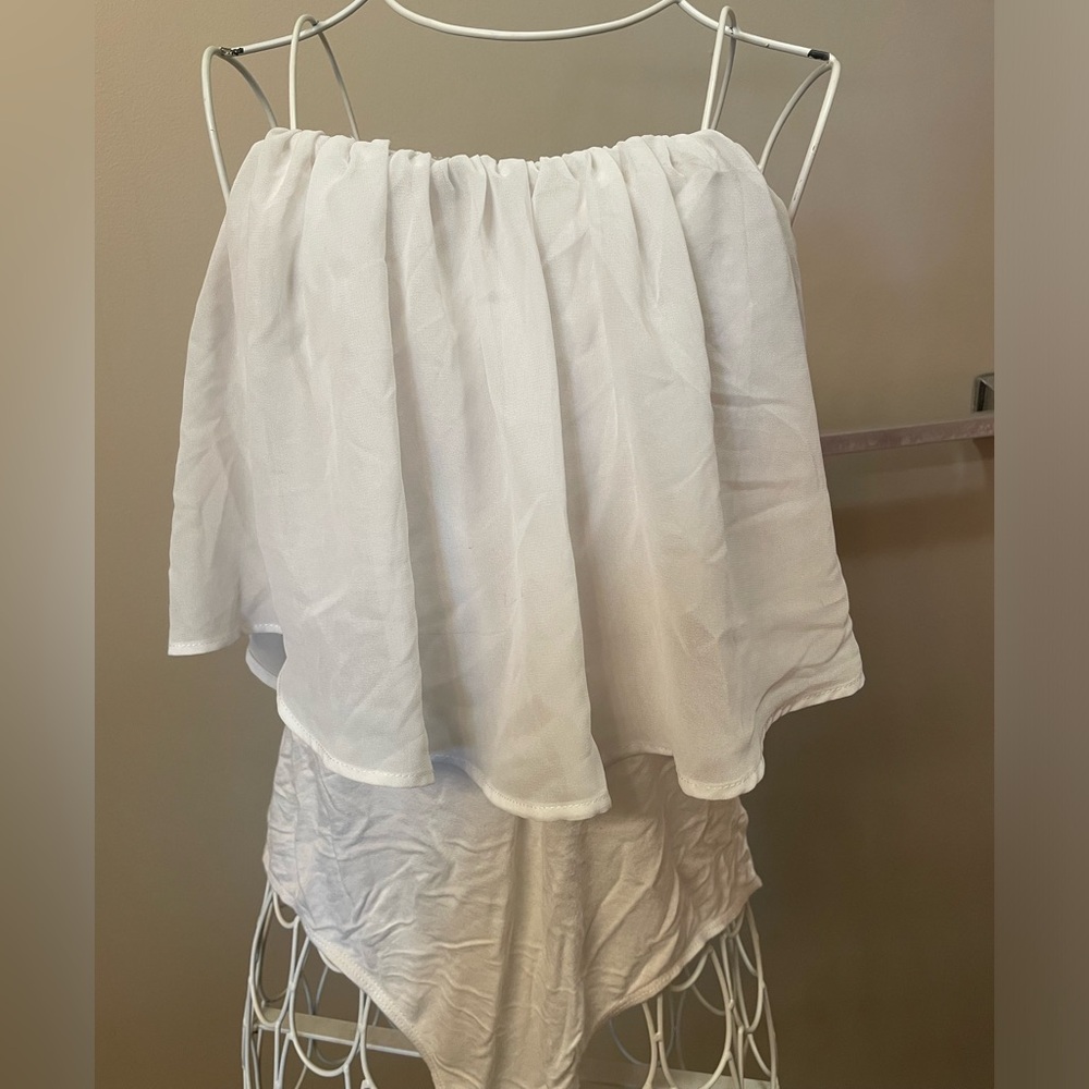Express Strapless Bodysuit with White Sheer Ruffle